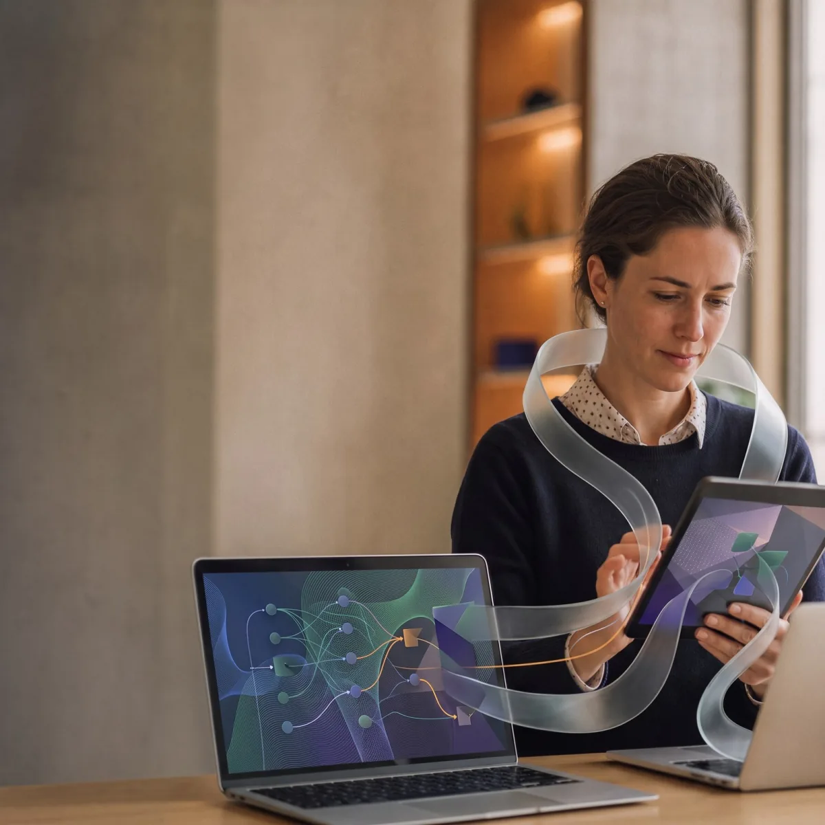 Γυναίκα εξετάζει ένα tablet δίπλα σε laptop με διάγραμμα στην οθόνη